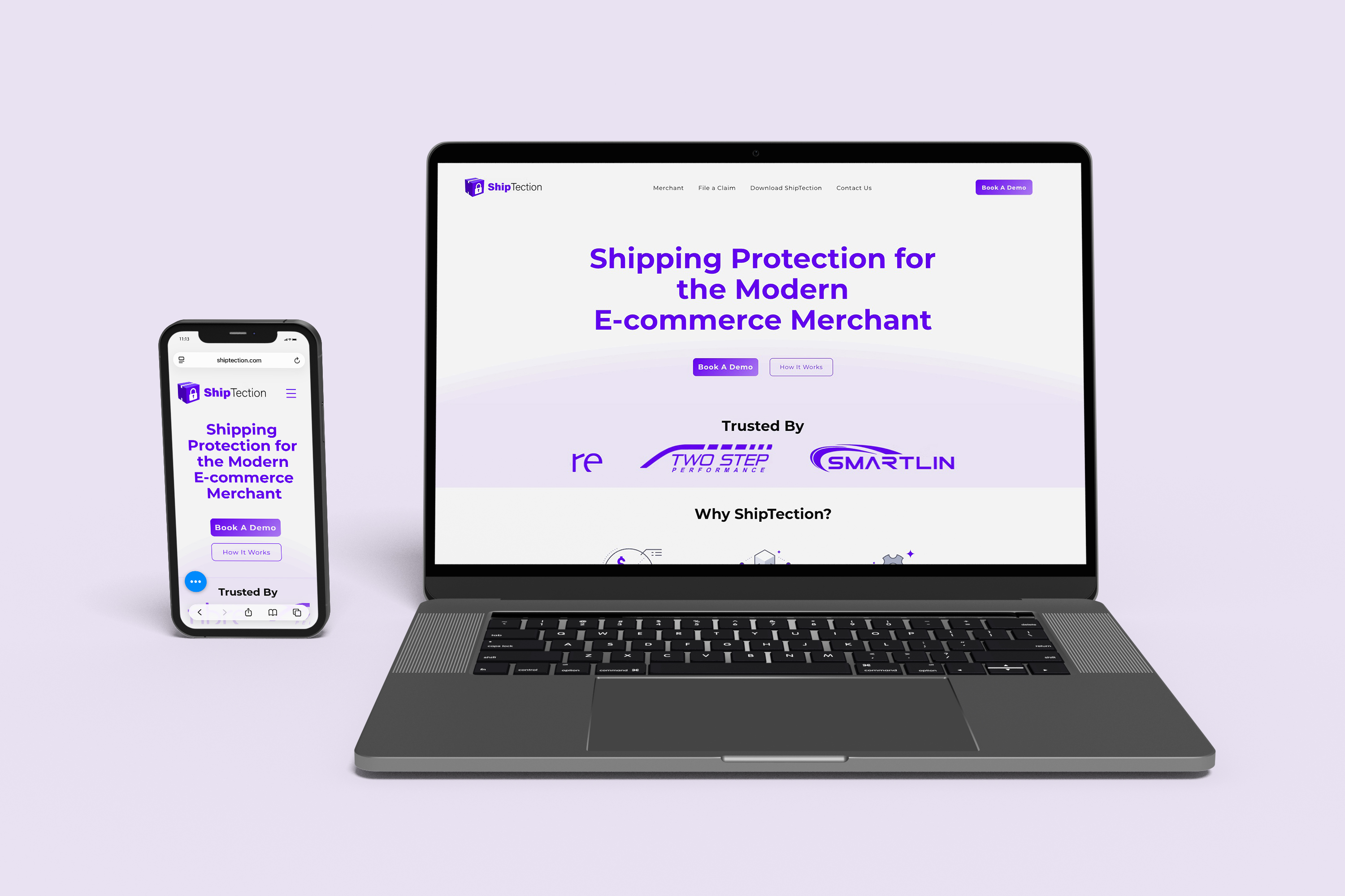 ShipTection responsive web design displayed across MacBook Pro and iPhone screens